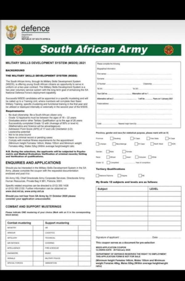Military Skills Development System (MSDS) 20212022 SA Army South
